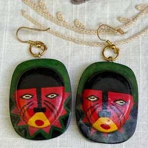 African Hand carved hand painted lightweight wood Mask Earrings